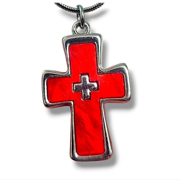 18" Red Enamel Cross Intersection  Pendant Necklace - Picture 1 of 4